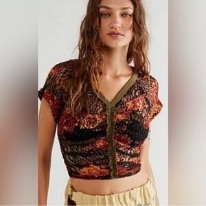 Free People👚Solana Top Brown With Green Lace Trim NWOT XS
